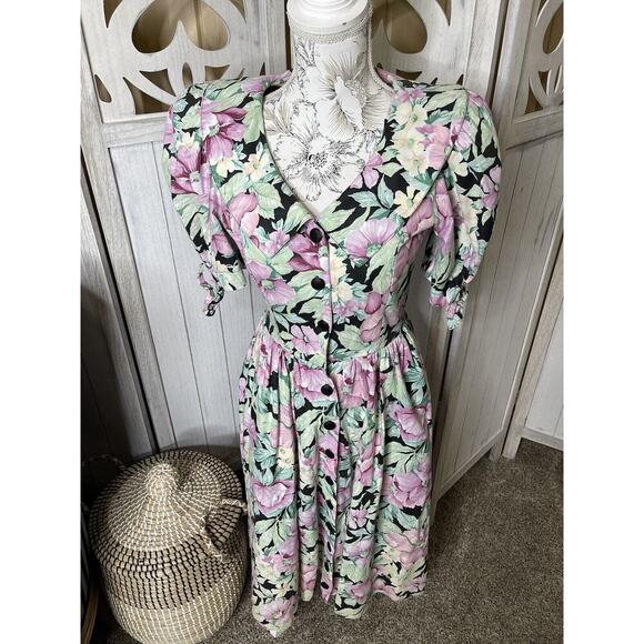 Vintage Floral Dress Midi Dress 80s 90s Flowers Cottagecore Button Down Small - Picture 1 of 7